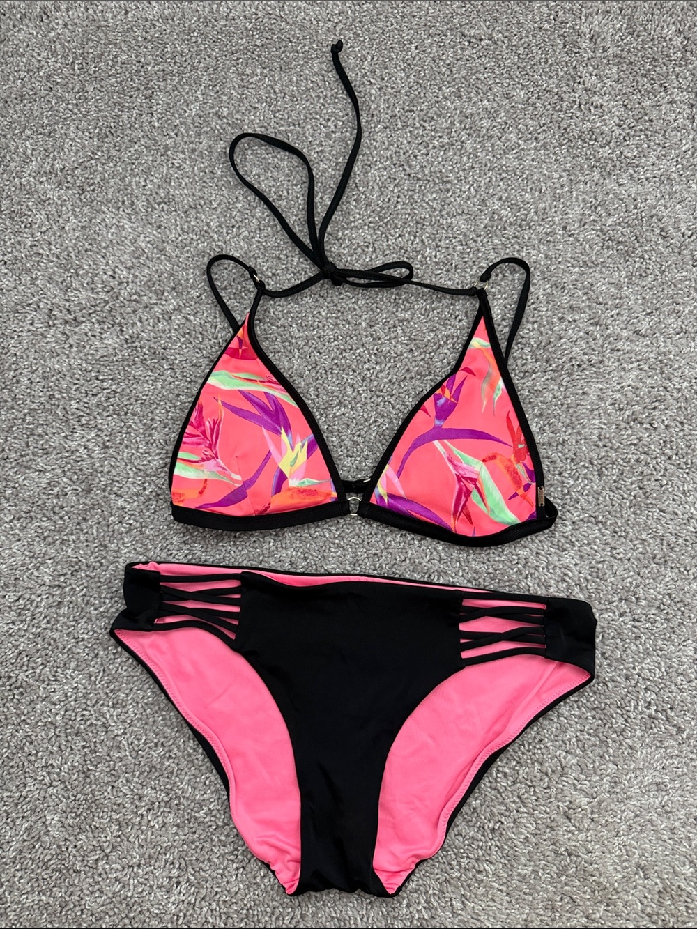 PINK Victoria's Secret Black & Neon Pink Tropical Triangle Bikini